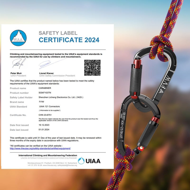 FVW Auto Locking Rock Climbing Carabiner Clips, UIAA Certified Professional 25KN (5620 lbs) Heavy Duty Caribeaners for Rappelling Swing Rescue & Gym etc, Large D-Shaped Carabiners, (Black) 5 Pack - Image 5